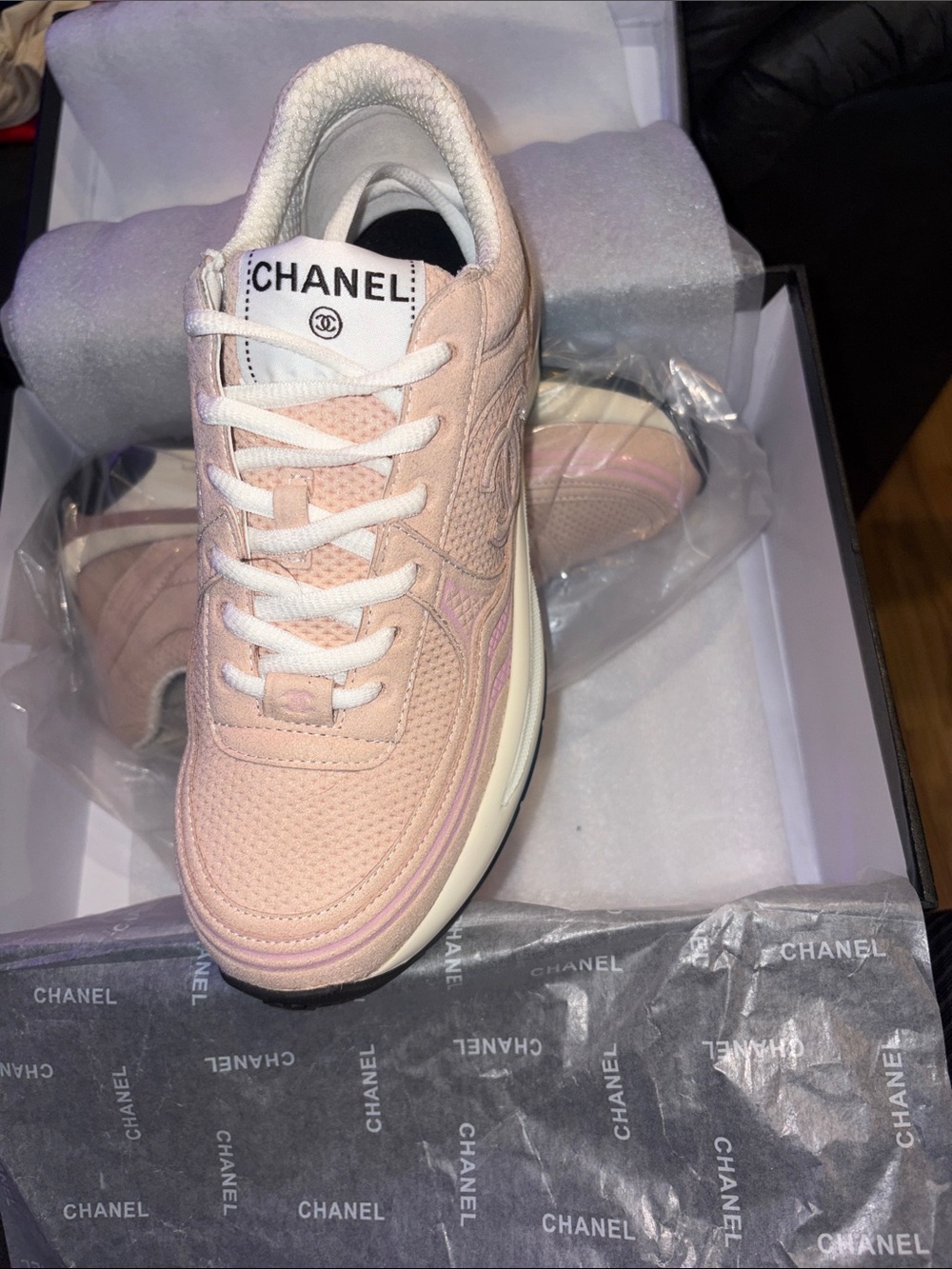 CHANEL Pink and Cream Leather Logo Runner Sneakers - Picture 5 of 7